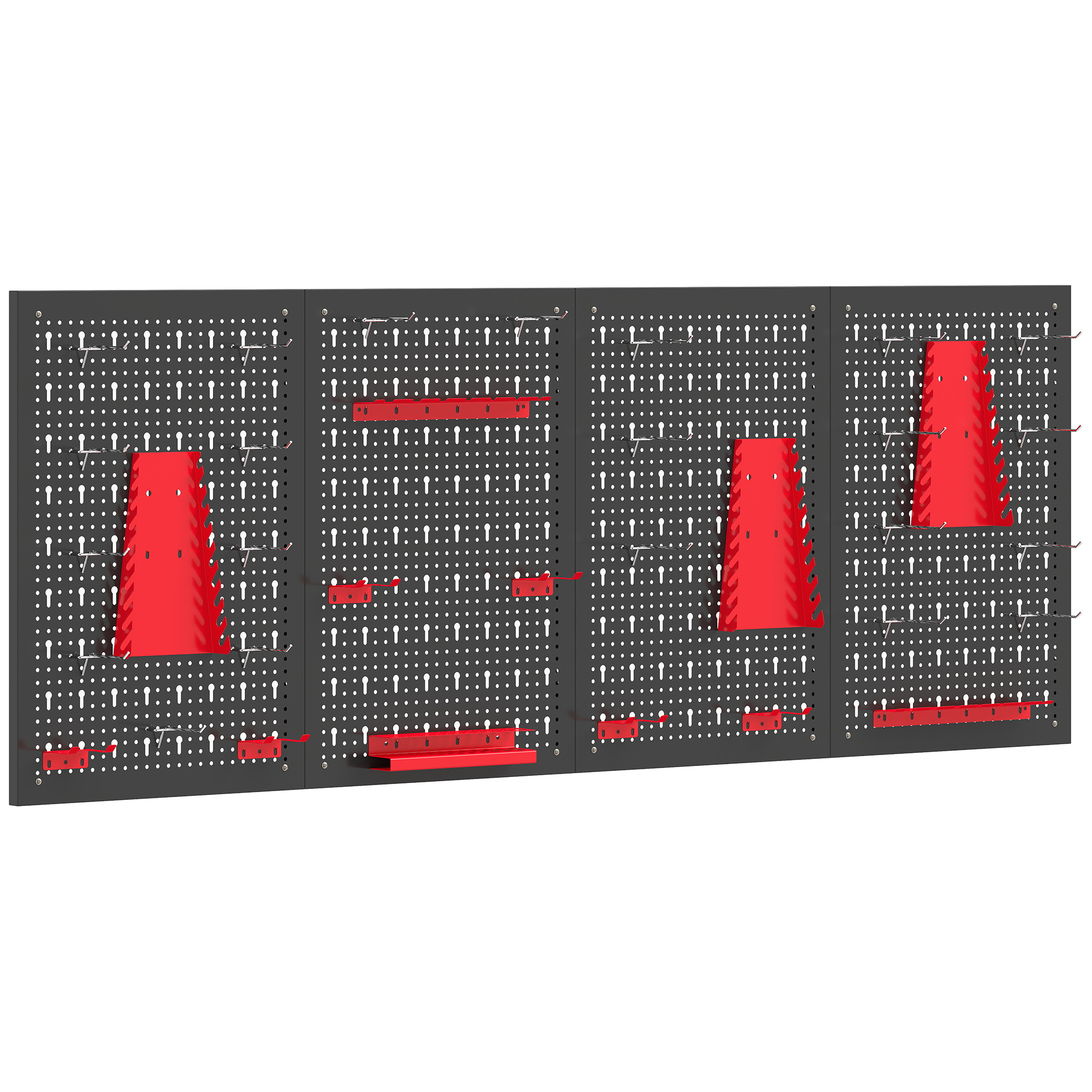 Panneau mural perforé en acier 60 x 40 cm, lot de 4, 38 pièces avec 22 crochets, noir et rouge