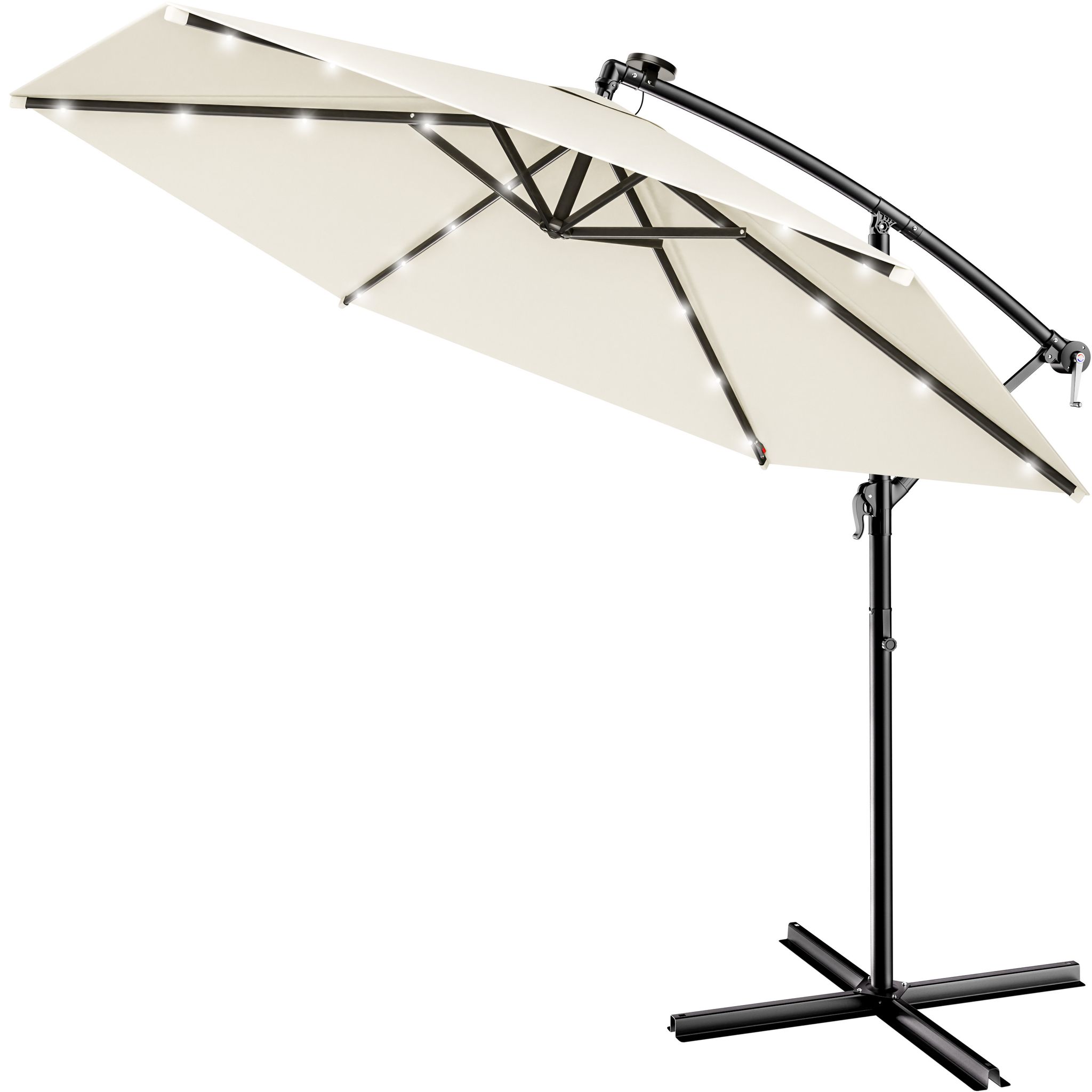 Kingsleeve® Ampelschirm Led Beleuchtung Uv Schutz 80+ Solar Ständer Schutzhülle 300cm Groß Kurbel Balkon Terrasse Gartenschirm Sonnenschirm Creme