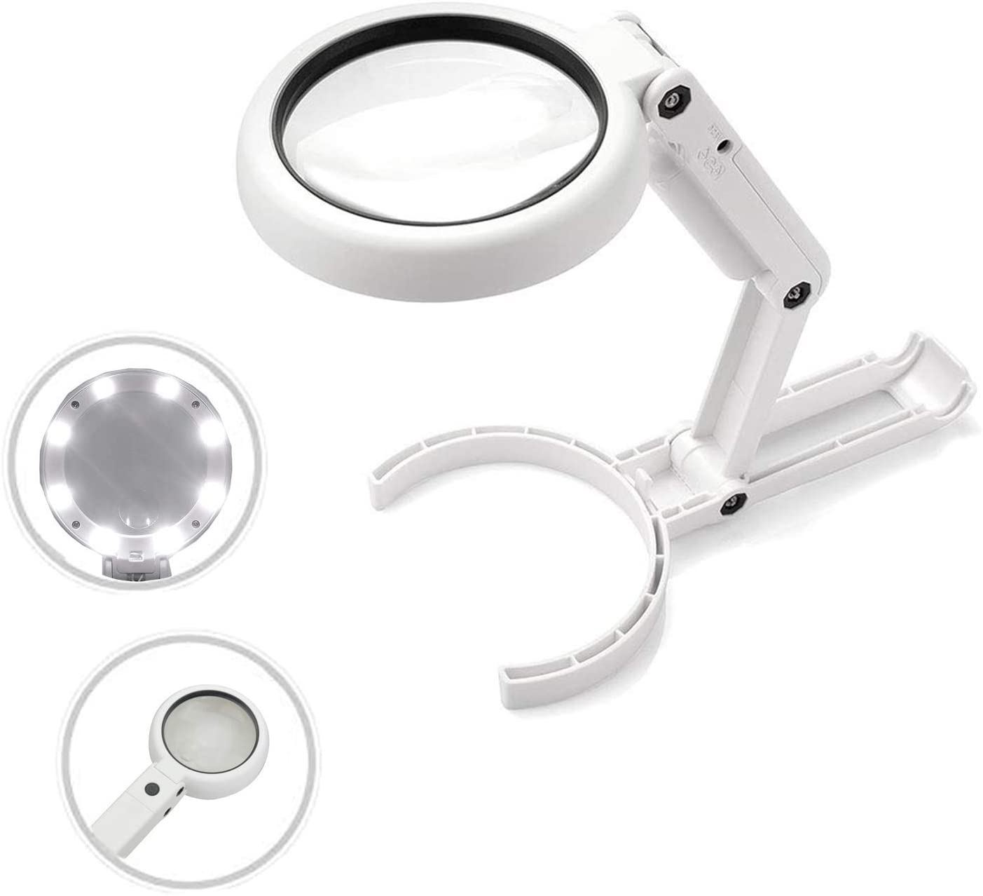 Loupe de table et à main 5x avec 8 LED, support pliable, USB ou piles, lot de 2