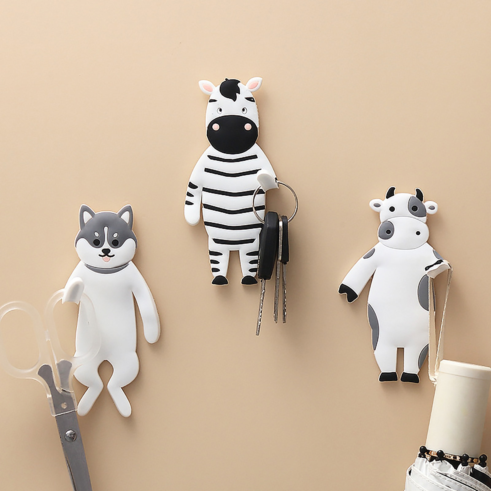 Crochets adhésifs muraux forme animal, PVC et métal, lot de 4