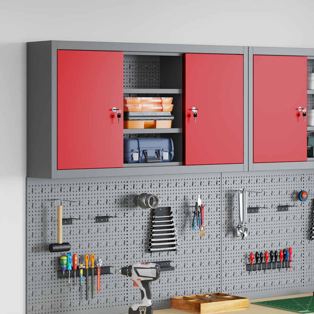 Armoire à outils 6 étagères réglables en acier et bois d'ingénierie, 100 x 20 x 55 cm, rouge et gris
