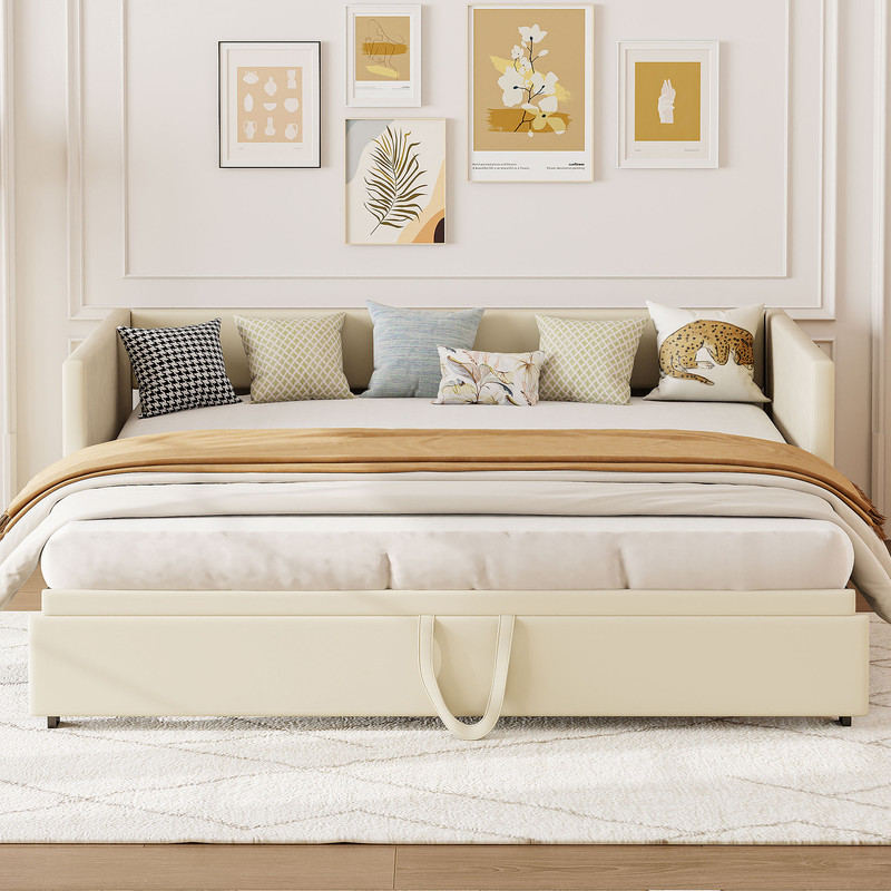 Sureh – Canapé-lit Convertible Velours Beige 90x200 Cm – Cadre Fixe