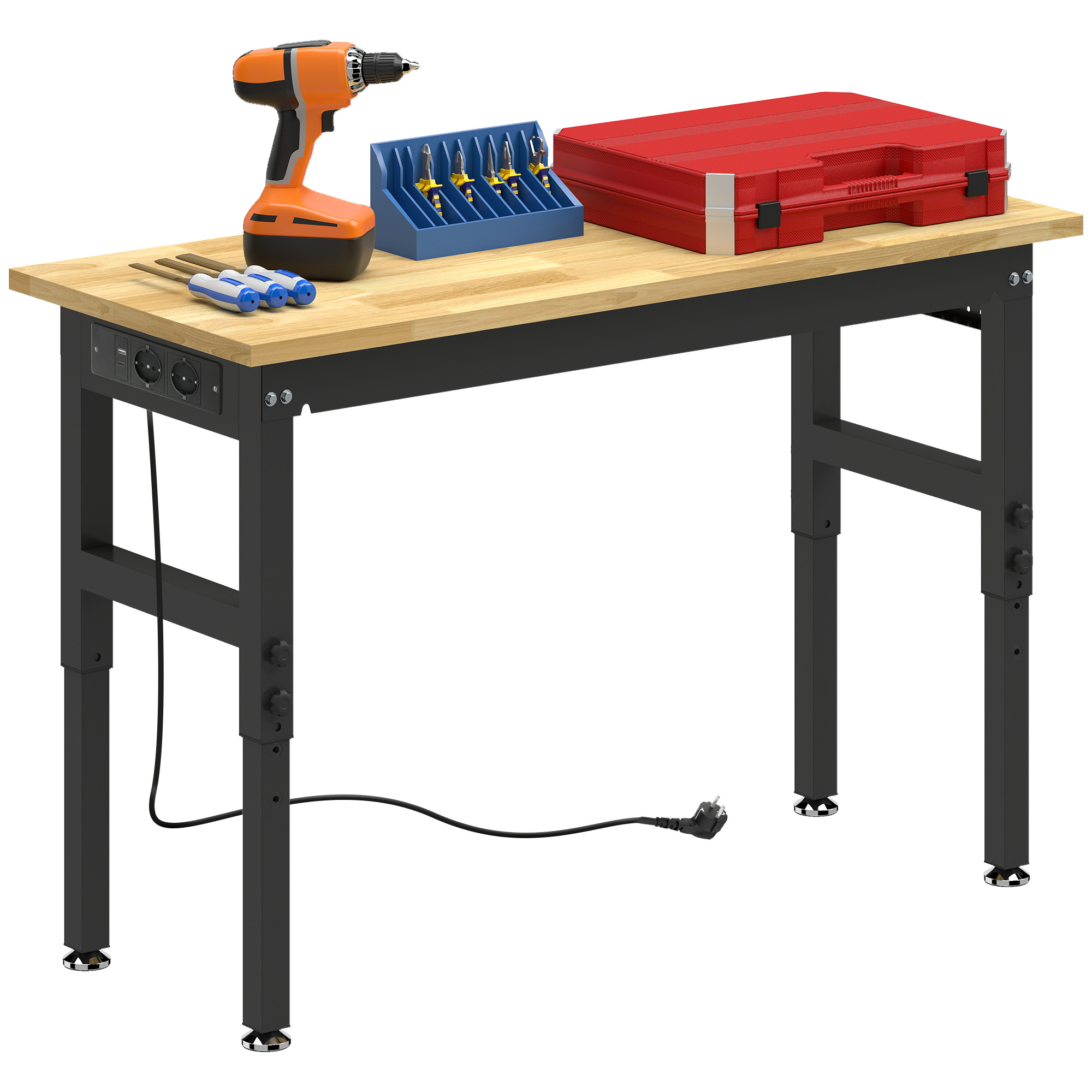 Établi réglable en hauteur en bois et acier, plateau 2,5 cm, 5 niveaux de 84 à 99 cm, charge 900 kg, 2 prises AC et ports USB