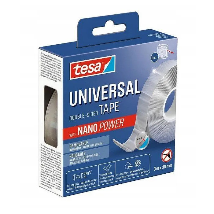 Tesa Nano Power Doppelseitiges Klebeband, Tragfähigkeit 5 Kg/M, Montagefläche 3 M X 30 Mm 4063565404009