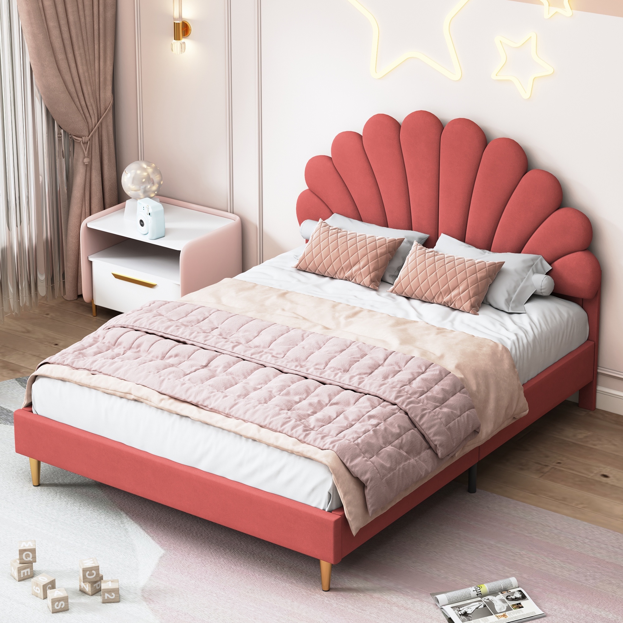 Dans Les Nuages – Lit Double Capitonné 140x190 Cm En Velours Rouge – Sommier À Lattes – Tête De Lit Fleur – Style Scandinave Moderne – Charge 250 Kg