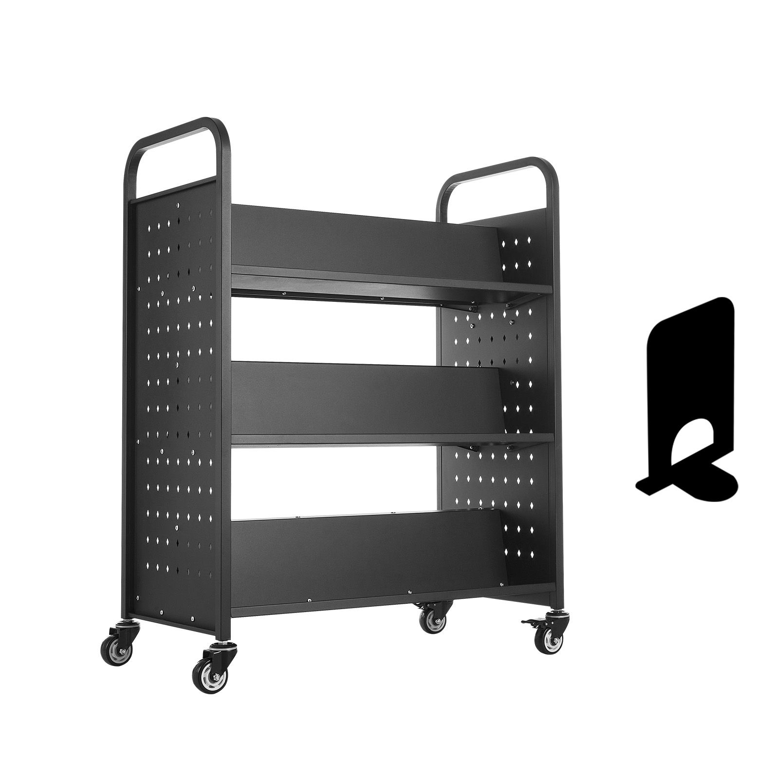 Chariot de bibliothèque roulant 3 niveaux en acier au carbone, capacité 150 kg, roues TPR verrouillables, noir