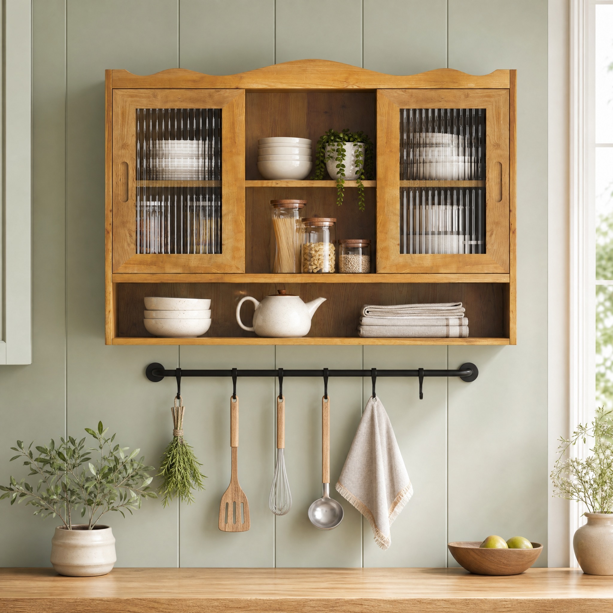 Armoire Murale En Bois Massif Et Verre Naturel 90 X 20 X 60 Cm Avec 2 Portes Coulissantes Et 3 Niveaux