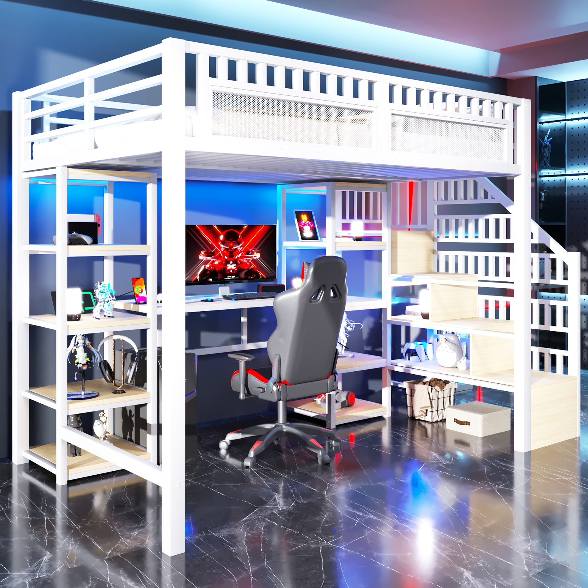 Stilvora Hochbett 140 X 200 Cm Mit Schreibtisch, Led, Usb, Regalen Und Stauraumtreppe, Ohne Matratze, Aus Metall, Weiß