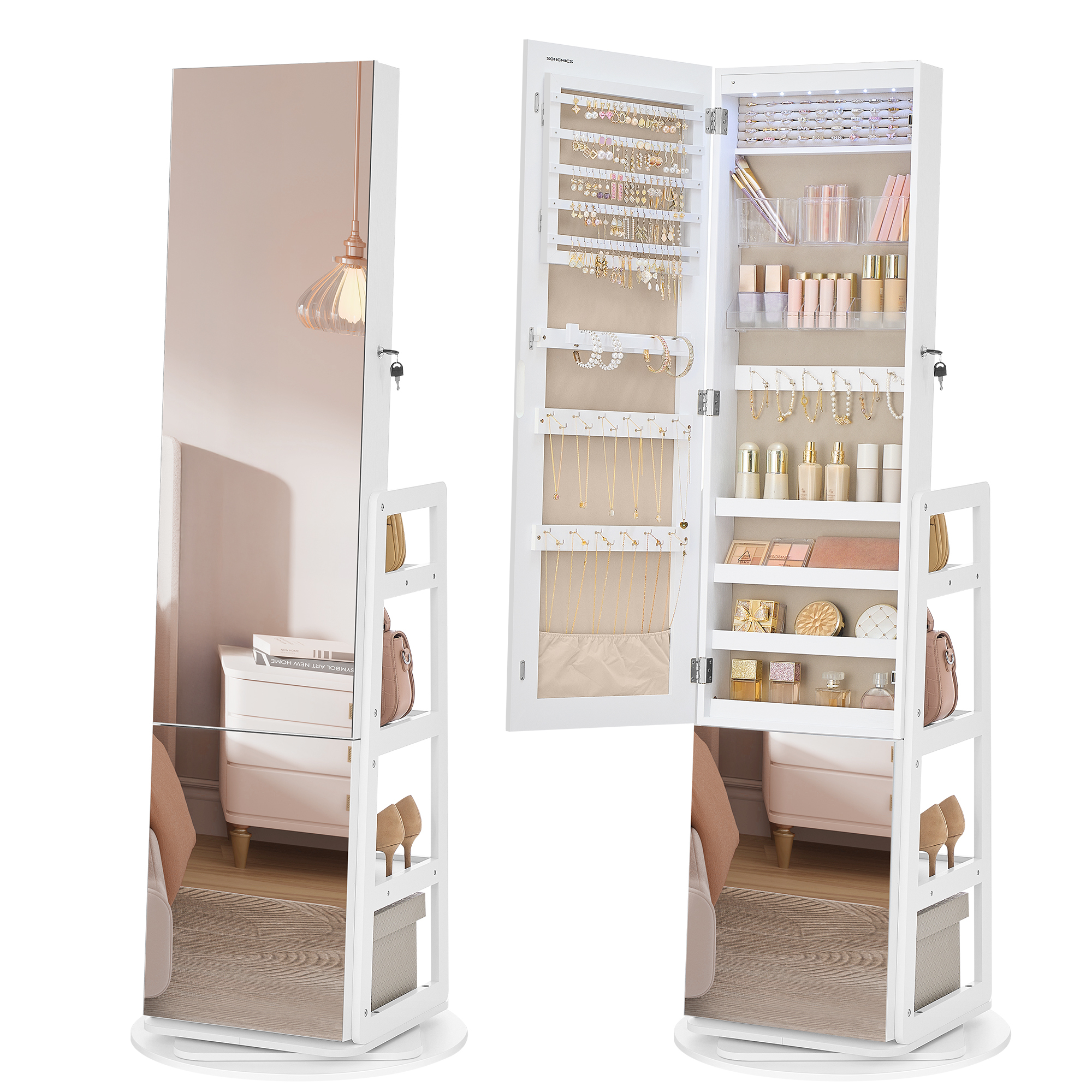 Songmics – Armoire À Bijoux Avec Miroir Intégral – Éclairage Intégré