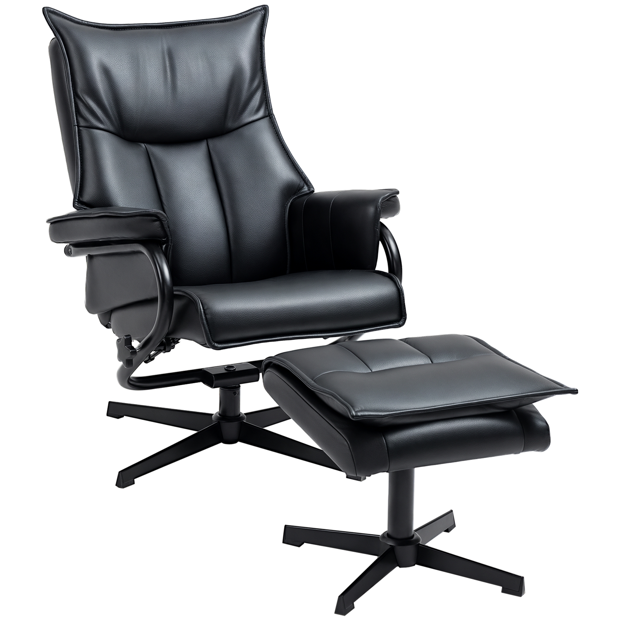 Homcom Relaxsessel Mit Hocker, Drehbarer Ruhesessel, Tv-sessel Mit Liegefunktion, Fernsehsessel Mit Neigbarer Rückenlehne, Für Wohnzimmer, Büro, Kunstleder, Stahl, Schwarz