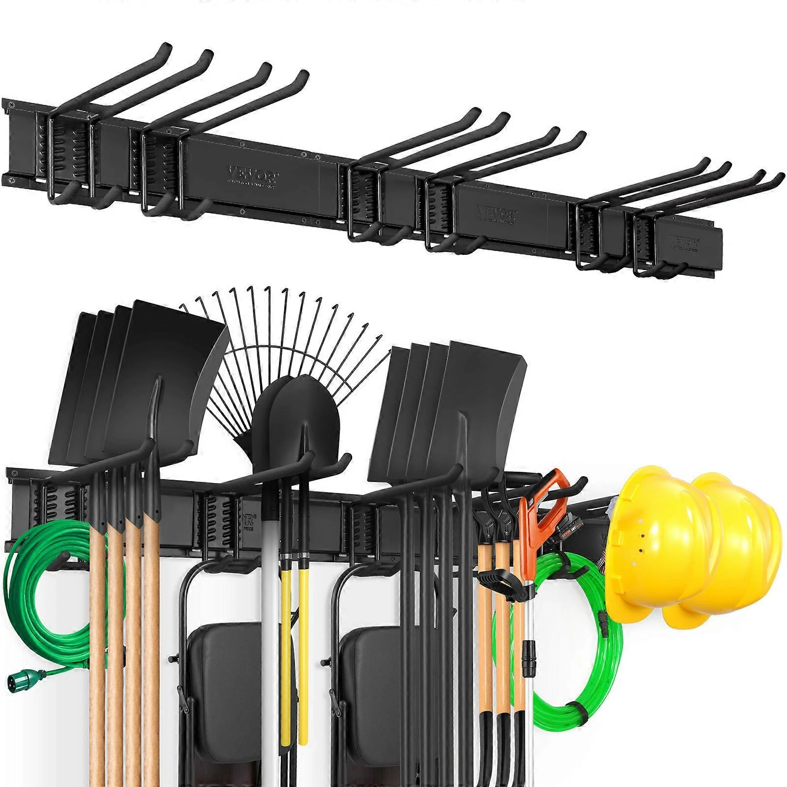Rangement mural pour outils de garage en acier au carbone, 6 crochets réglables et 3 rails articulés, 363 kg