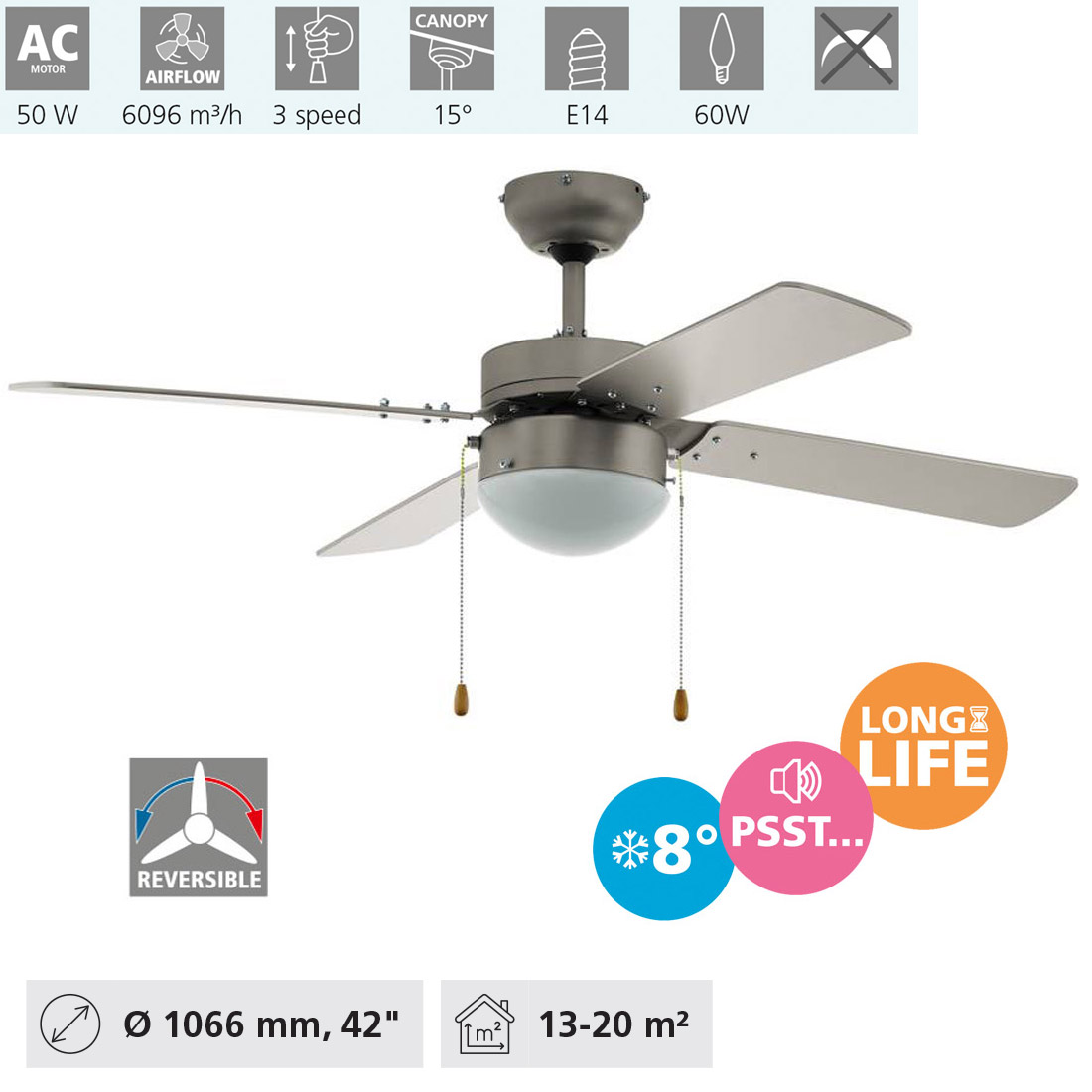 Deckenventilator Gelsina, 4 Flügel Ventilator Mit Zugkette, Beleuchtung Und Sommer Winter Betrieb, Flügelmaterial Mdf In Silber, Ac Motor, Ø 106,6cm - Eglo