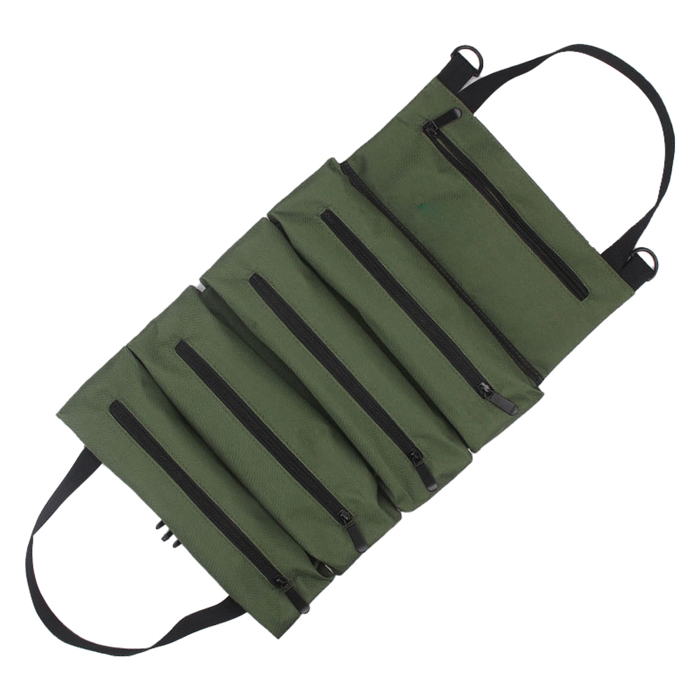 Sacoche à outils enroulable en toile robuste, 5 poches zippées, rangement clés et tournevis, vert