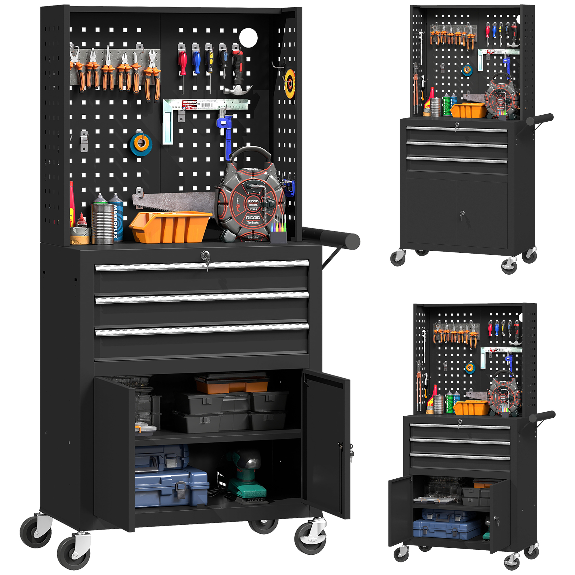 Servante d'atelier en acier avec plan de travail, 3 tiroirs, armoire et panneaux perforés, charge 80 kg