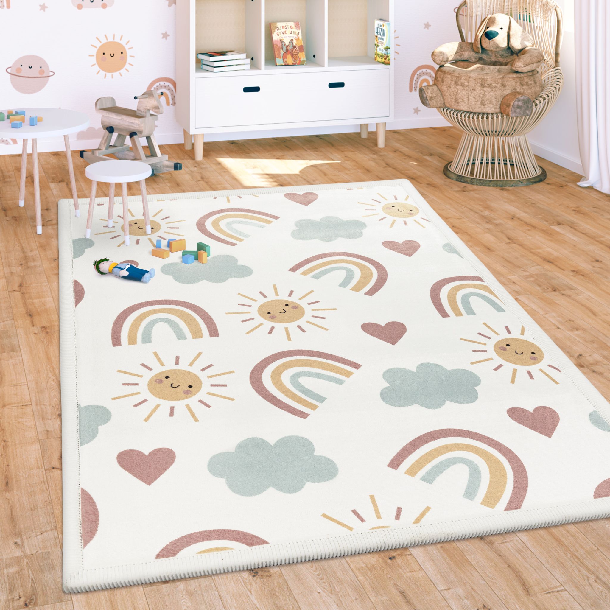Paco Home Teppich Kinderzimmer Spielmatte Waschbar Rutschfest Regenbogen Planet Tiere Soft 140x200 Cm, Bunt 2