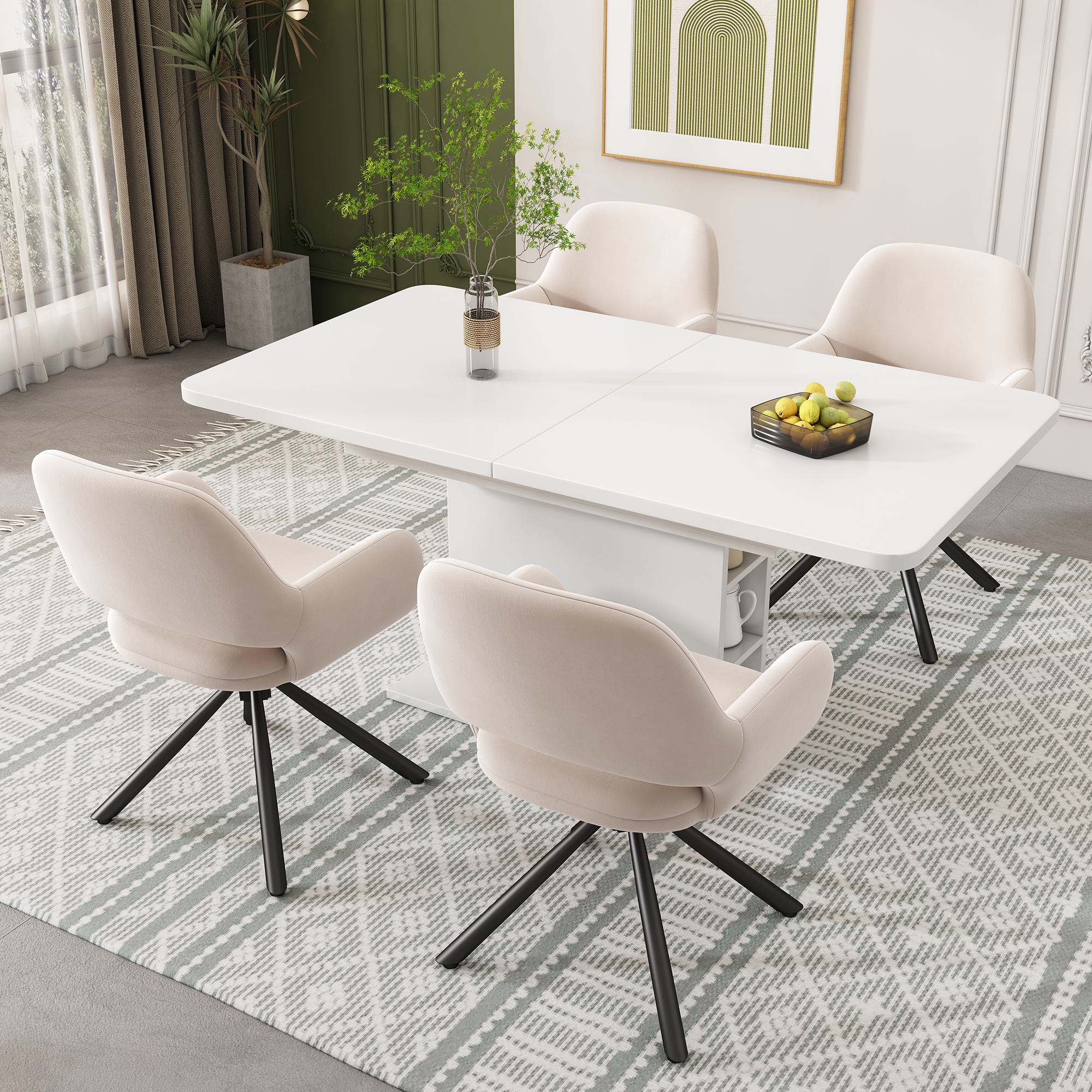 Ensemble Salle À Manger 4 Chaises Velours Table Extensible Blanche