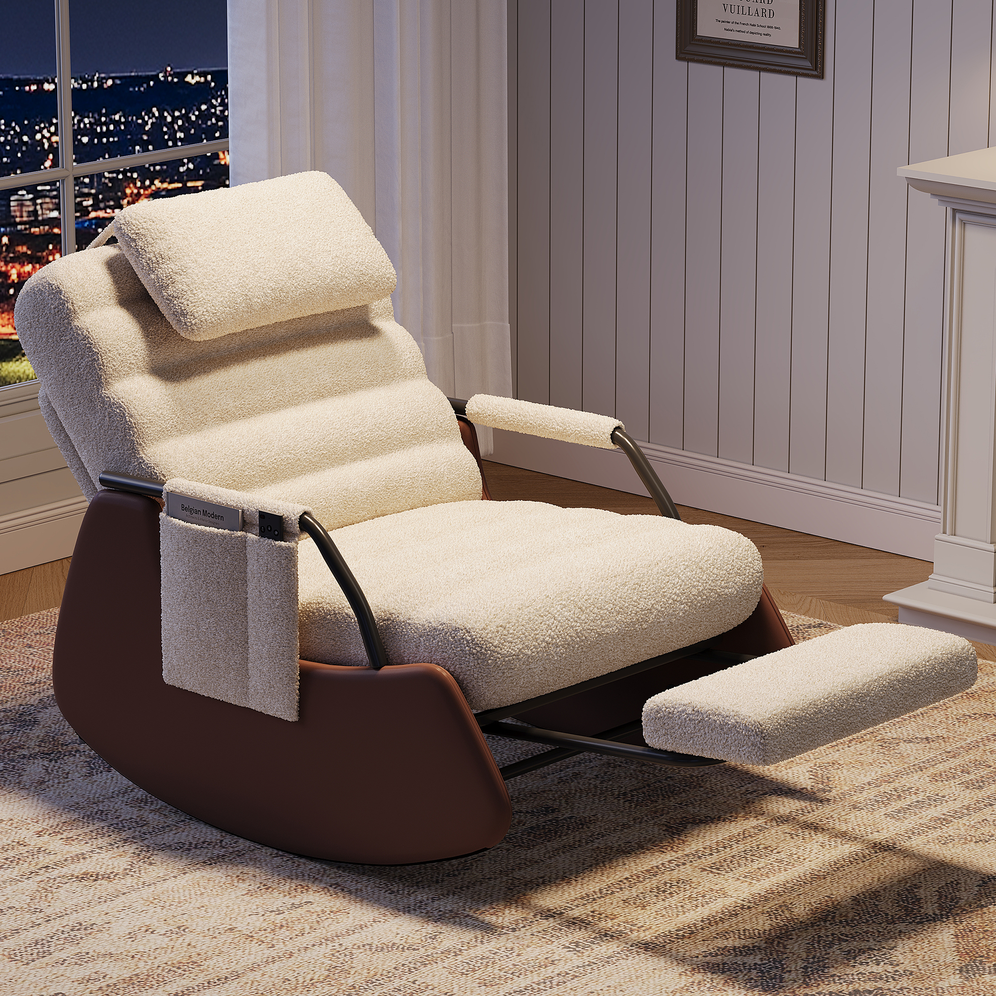 Fauteuil À Bascule Avec Repose-pieds Et Dossier Réglable, Fauteuil Relax Inclinable Avec Appui-tête Rembourré, Chaise Longue Rocking Chair Tissu Bouclette Beige, Pour Salon Chambre Détente