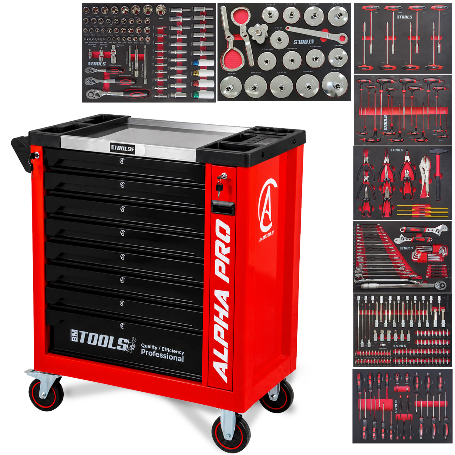 Servante d'atelier BM TOOLS ALPHA-PRO, 9 tiroirs, 311 outils, 4 roues dont 2 freins, rouge