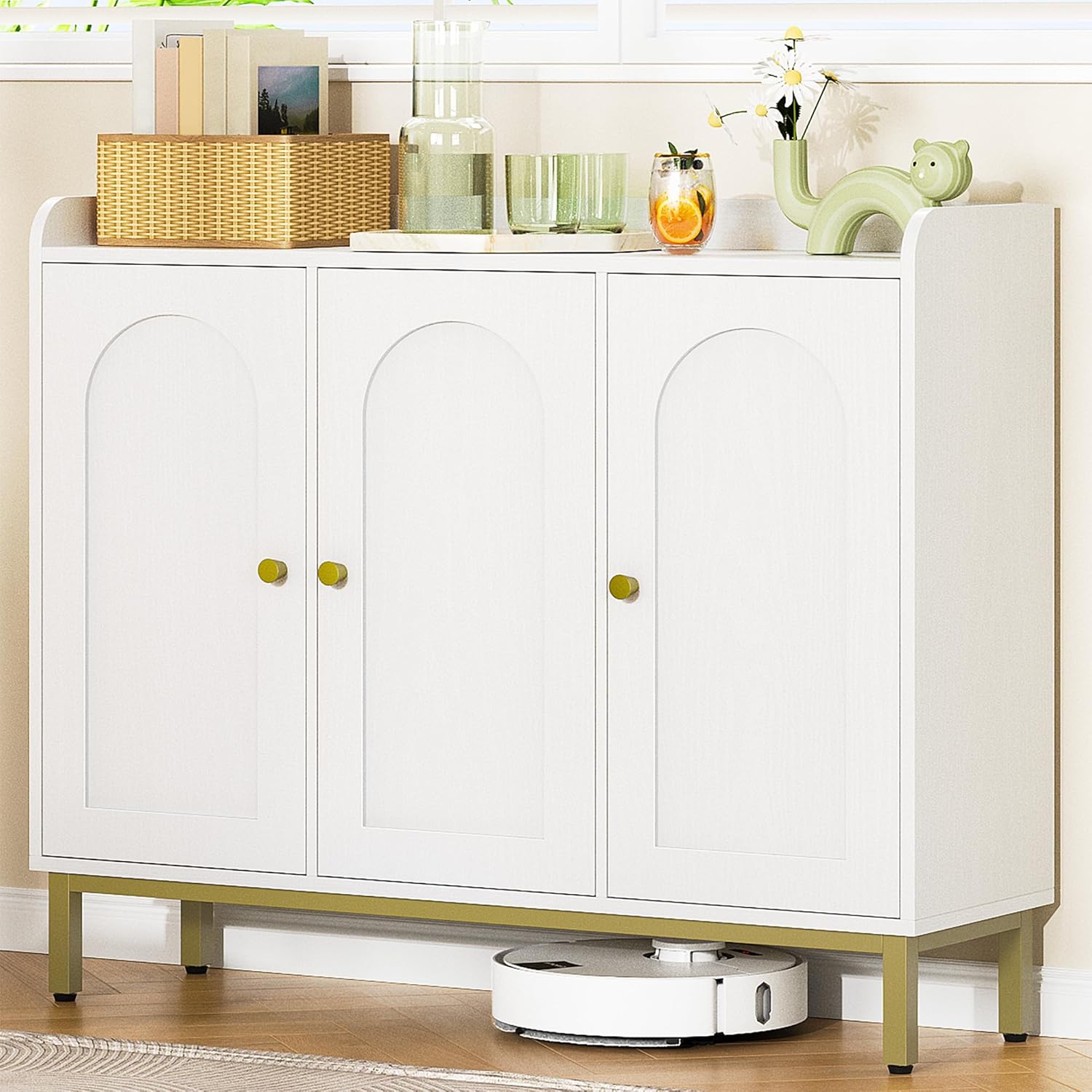 Buffet Blanc 3 Portes Galbées – Étagères Réglables – Design Élégant