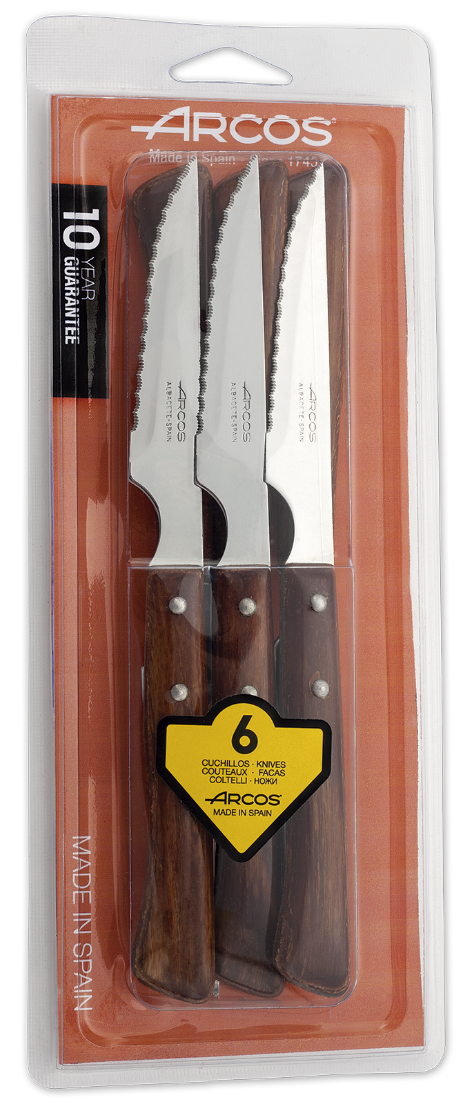 Arcos Mehrfarbig Satz Messerrücken Aus Tisch 372000 Monoblock Aus Edelstahl, Mango Aus Pressholz ,Klinge 11 Cm In Blisterverpackung