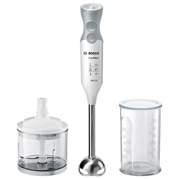 Bosch Frullatore A Immersione Msm66120, 600w, Impugnatura Ergonomica, Piede In Acciaio Inox, Lama A 4 Ali Acciaio Inox, Velocità Variabile, Accessorio Tritatutto Incluso, Bicchiere Graduato, Bianco
