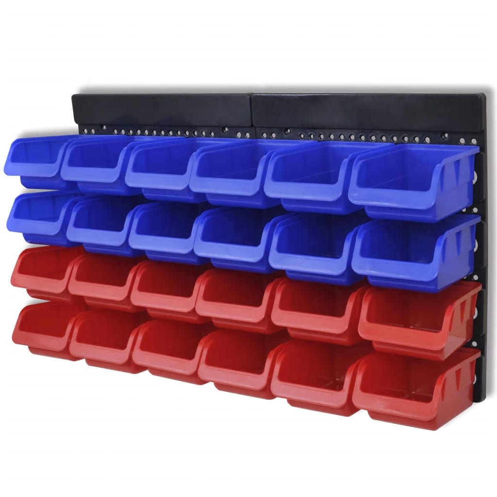 Organiseur mural pour outils et petites pièces en polypropylène, 24 bacs amovibles et empilables, bleu et rouge
