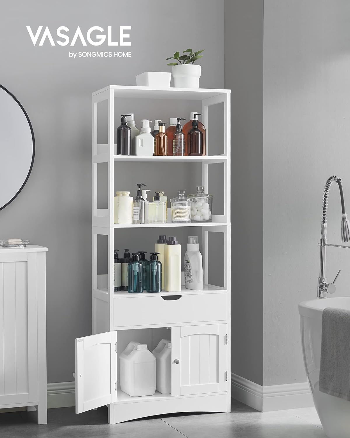 Vasagle - Meuble De Salle De Bain 60 X 32,5 X 154 Cm, Avec 3 Compartiments Ouverts, 1 Tiroir Et 1 Placard, Blanc