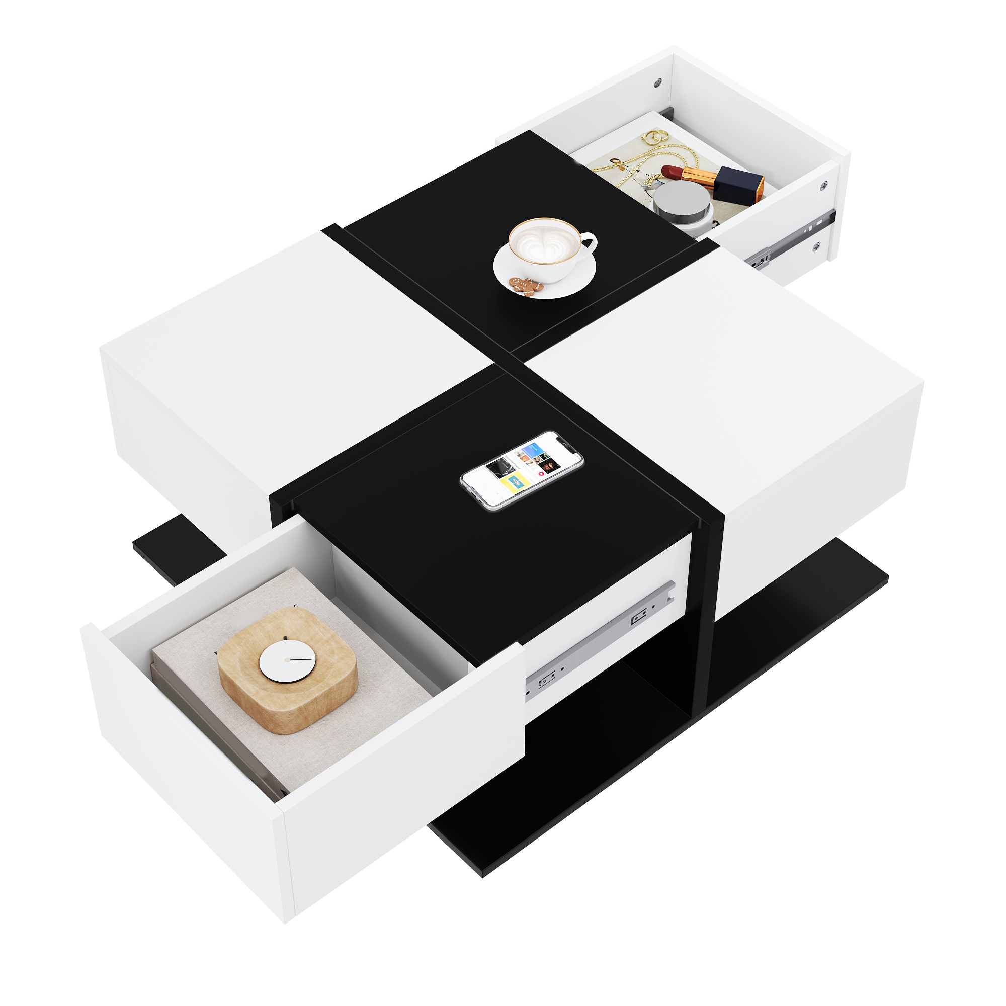 Table Basse Noir/blanc Avec 2 Tiroirs, 70x70x35,5 Cm, Pour Salon