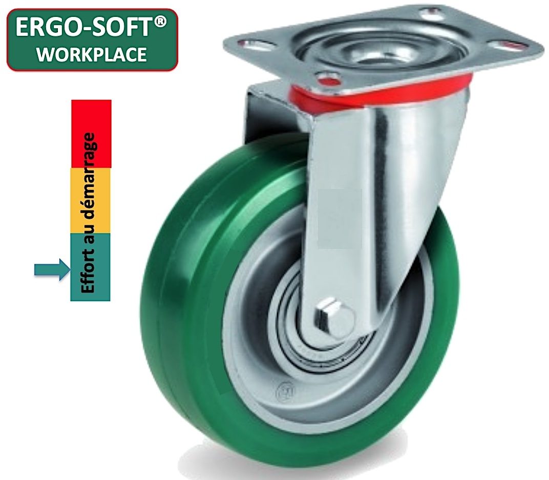 Roulette pivotante en polyuréthane vert Ø 100 mm, charge 200 kg, corps aluminium, roulements à billes