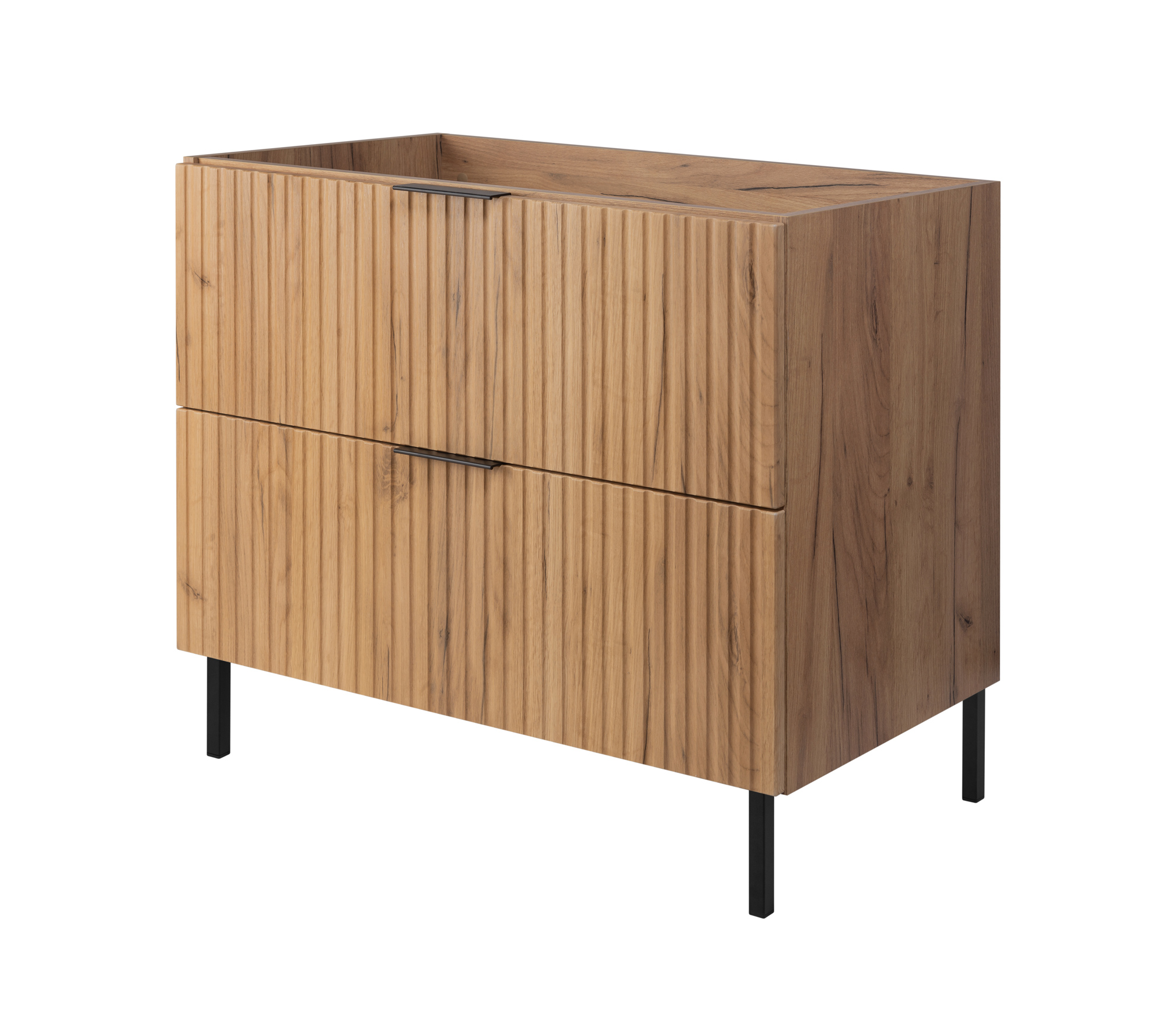 Furnidea - Meuble Sous Vasque Sur Pieds Flow Chêne Craft 80 Cm - 2 Tiroirs - Façades Rainurées