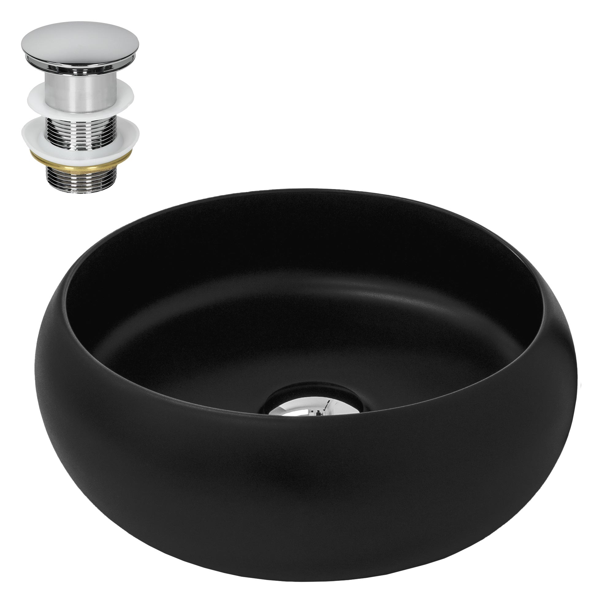 Luxebath - Ml-design Waschbecken Aus Keramik Schwarz Matt Ø35x12 Cm Rund Inkl. Ablaufgarnitur, Moderne Aufsatzwaschbecken Ohne Überlauf, Waschtisch
