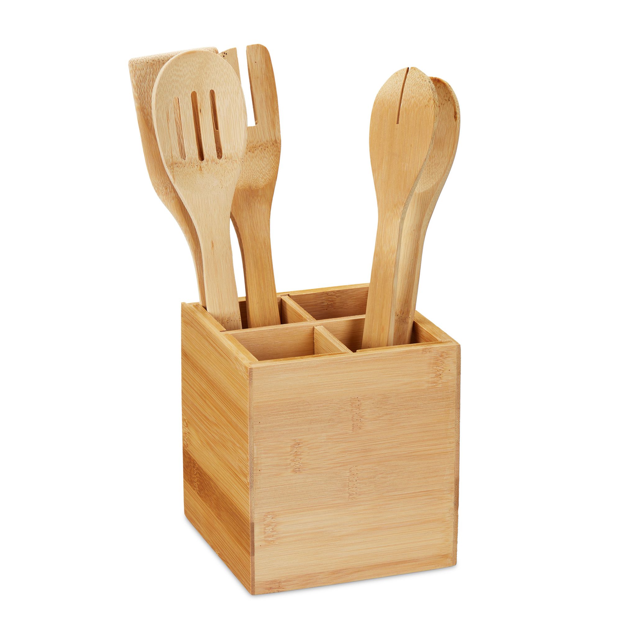 Range-couverts, 4 compartiments, Rangement d'ustensiles de cuisine, ustensiles, 14,5 x 13,5 x 13,5 cm, nature - Relaxdays