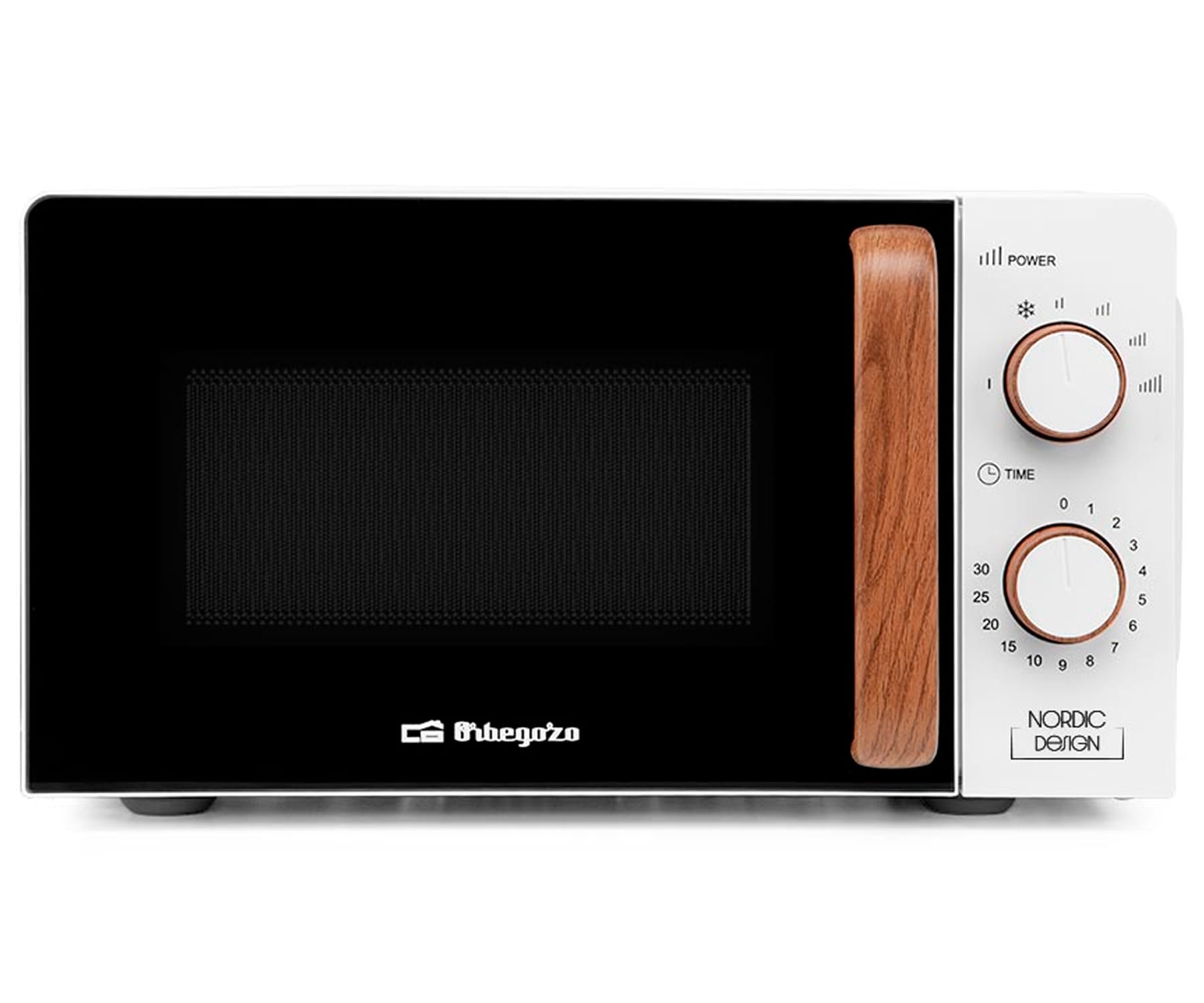Orbegozo MI 2122 - Microondas con 20 litros de capacidad, diseño nórdico, asa de madera, 6 niveles de potencia, temporizador, 700 W