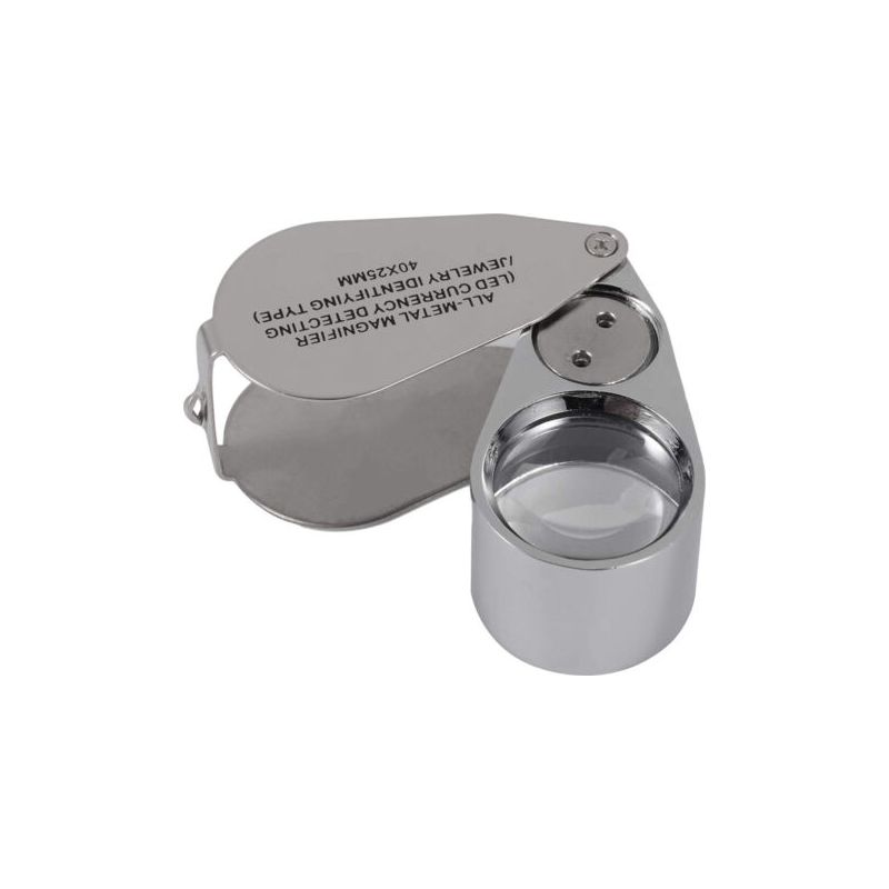 Loupe de bijoutier pliante 40x, éclairage LED et UV, objectif 25 mm, 3 piles LR1130 incluses