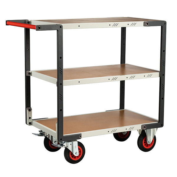 Servante d'atelier 3 plateaux médium 850x495 mm, charge 400 kg, roues caoutchouc Ø160 mm, 1 poignée