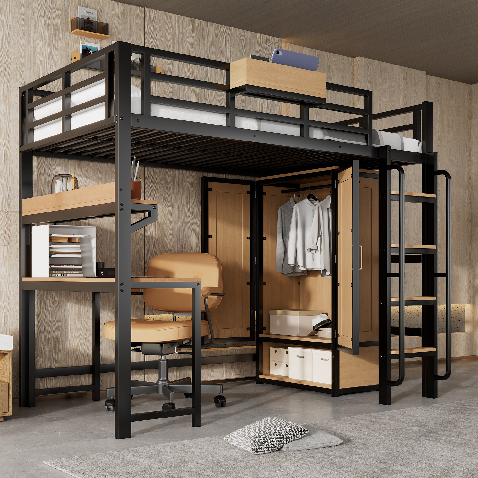 Lit Mezzanine Métal 90x200 Cm Avec Armoire