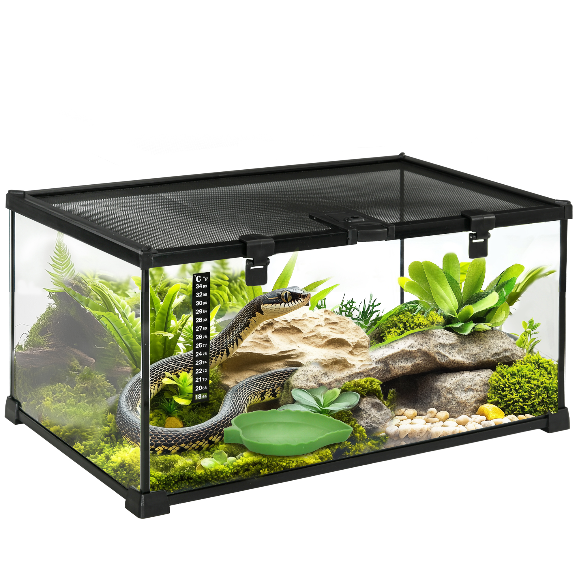 Terrarium Für Reptilien Reptile Fütterungsbox Glasterrarium Amphibien Spinnentiere Mit Thermometer Reptilienzuchtbox Metall Schwarz 50 X 30 X 25 Cm - Pawhut