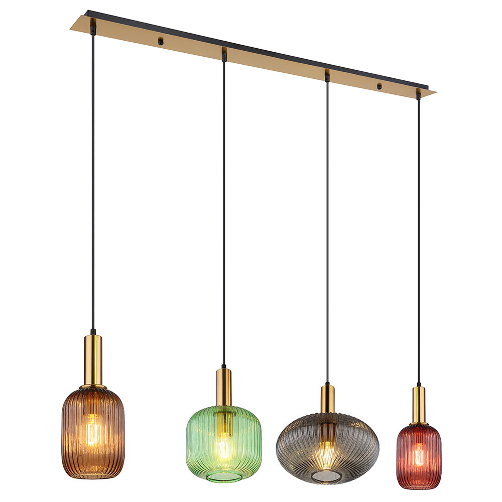 Pendellampe Hängeleuchte Esszimmerlampe, 4-flammig, Retro Designlampe, Bunte Glasschirme, Metall, Messing Schwarz, 4x E27, Lxbxh 115x30x120 Cm
