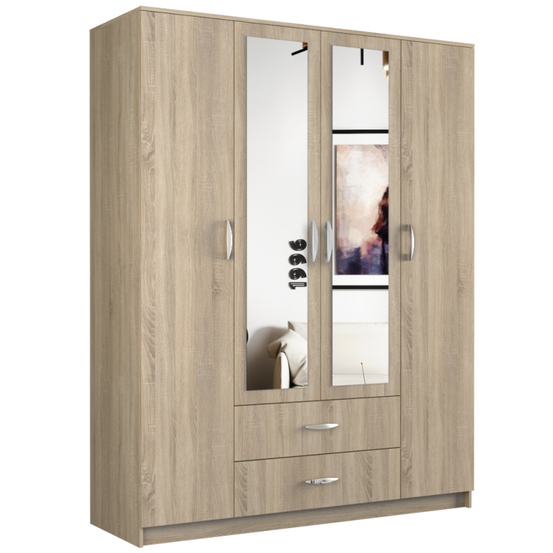 Topeshop - Roma Grande Armoire Chambre Bureau 205x160x52 Cm Penderie 2 Portes 2 Miroirs 2 Tiroirs Meuble De Rangement
