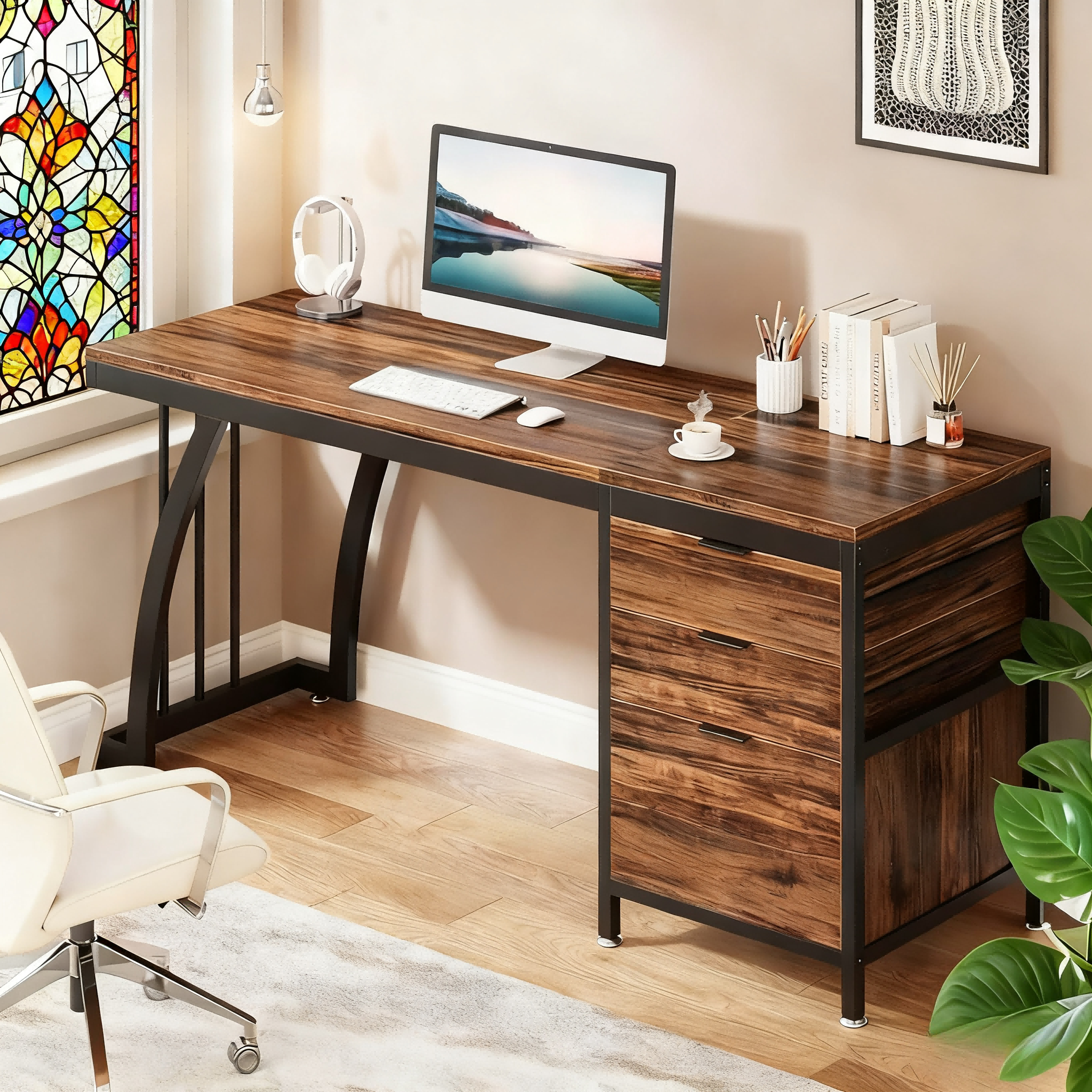 Bureau Droit 150 Cm Avec 3 Tiroirs Réversibles – Style Industriel En