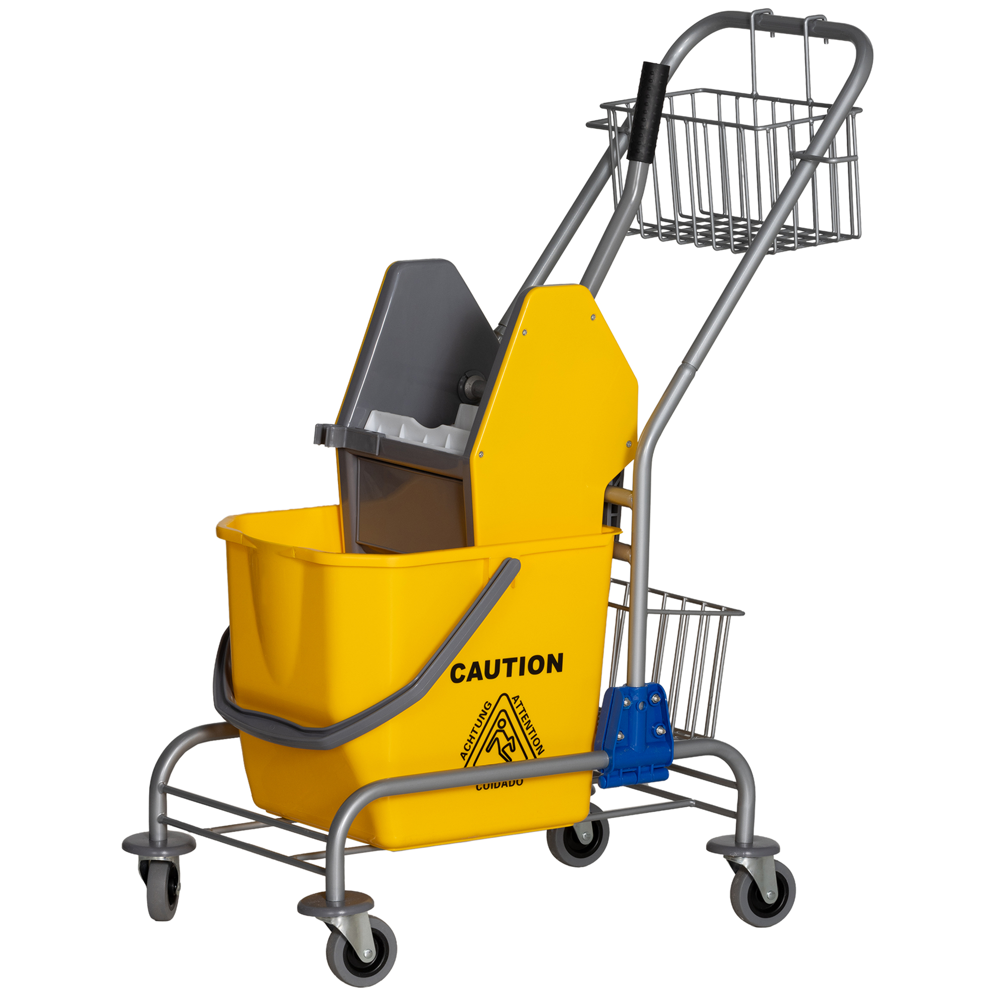 Chariot de lavage professionnel avec presse à mâchoire, seau 26 L et panier de rangement jaune