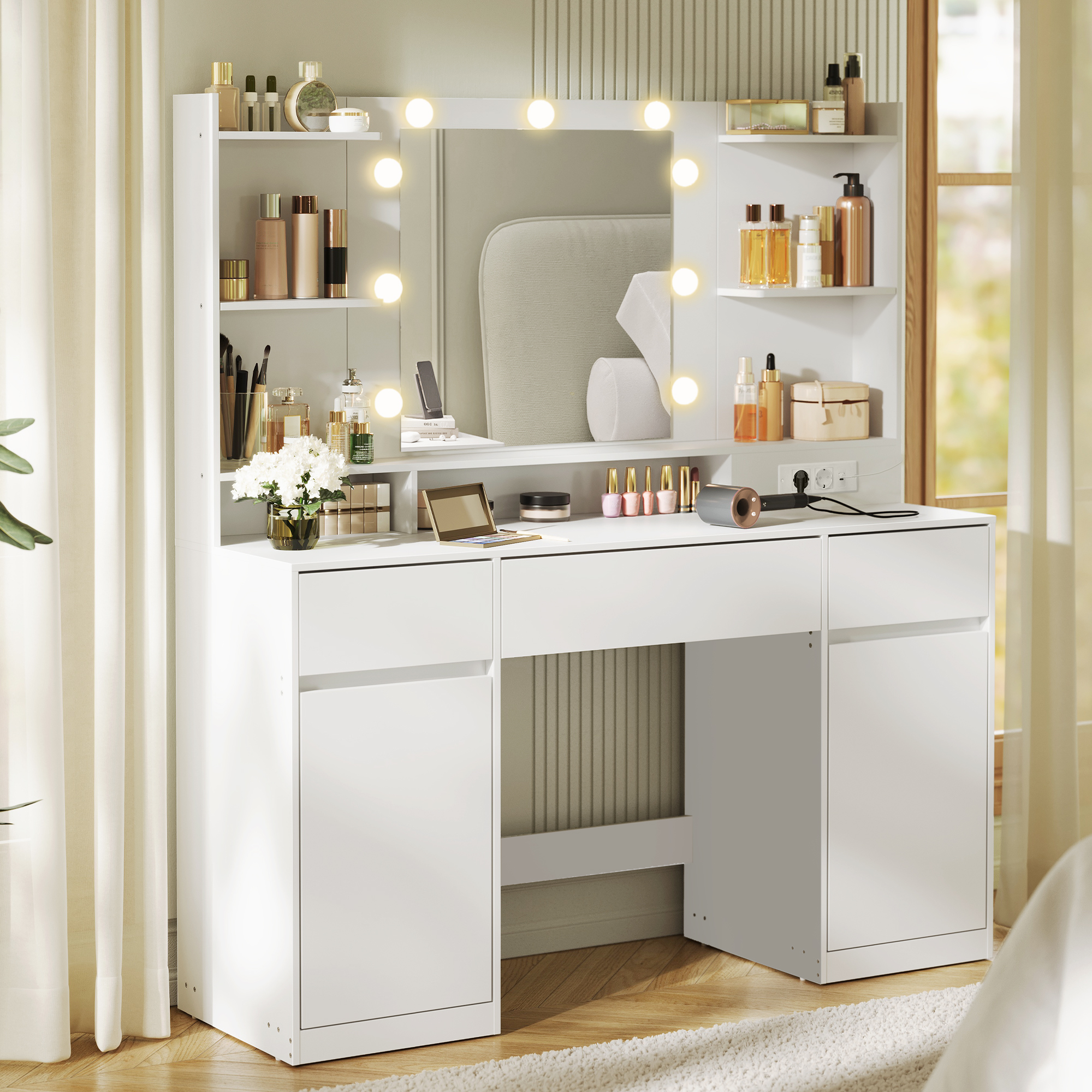 Vasagle – Coiffeuse Enfant Blanche Avec Miroir Led – 3 Tiroirs