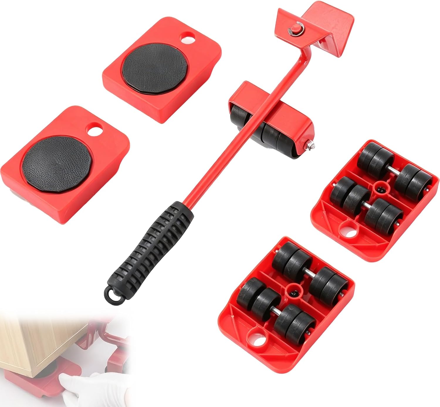 Kit lève-meubles robuste avec levier et patins, métal et ABS, rouge, pour canapé, armoire et électroménager