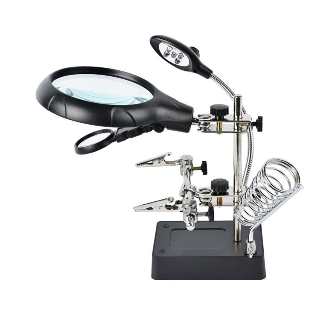 Loupe de bureau à pince avec 3 lentilles interchangeables 2,5x 7,5x 10x et 5 LED, verre grossissant sur bras flexible