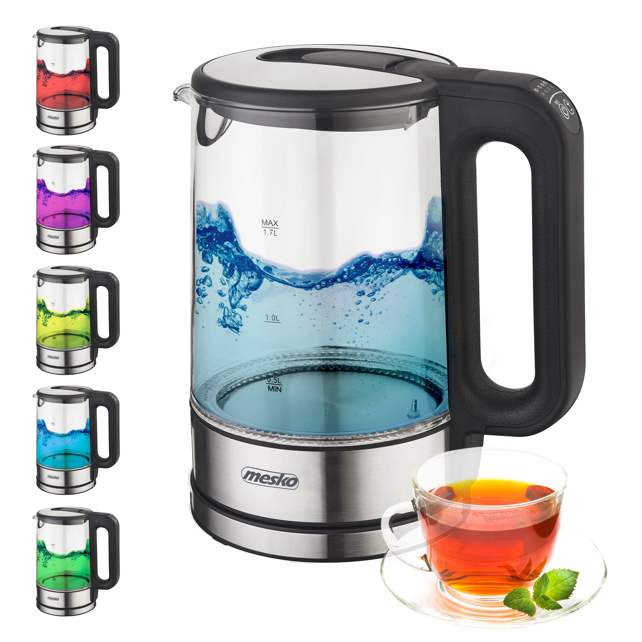 Tresice France Schwarz Mesko Home Ms 1301B Elektrischer Wasserkocher 1,7 L 2200 W Edelstahl, Transparent