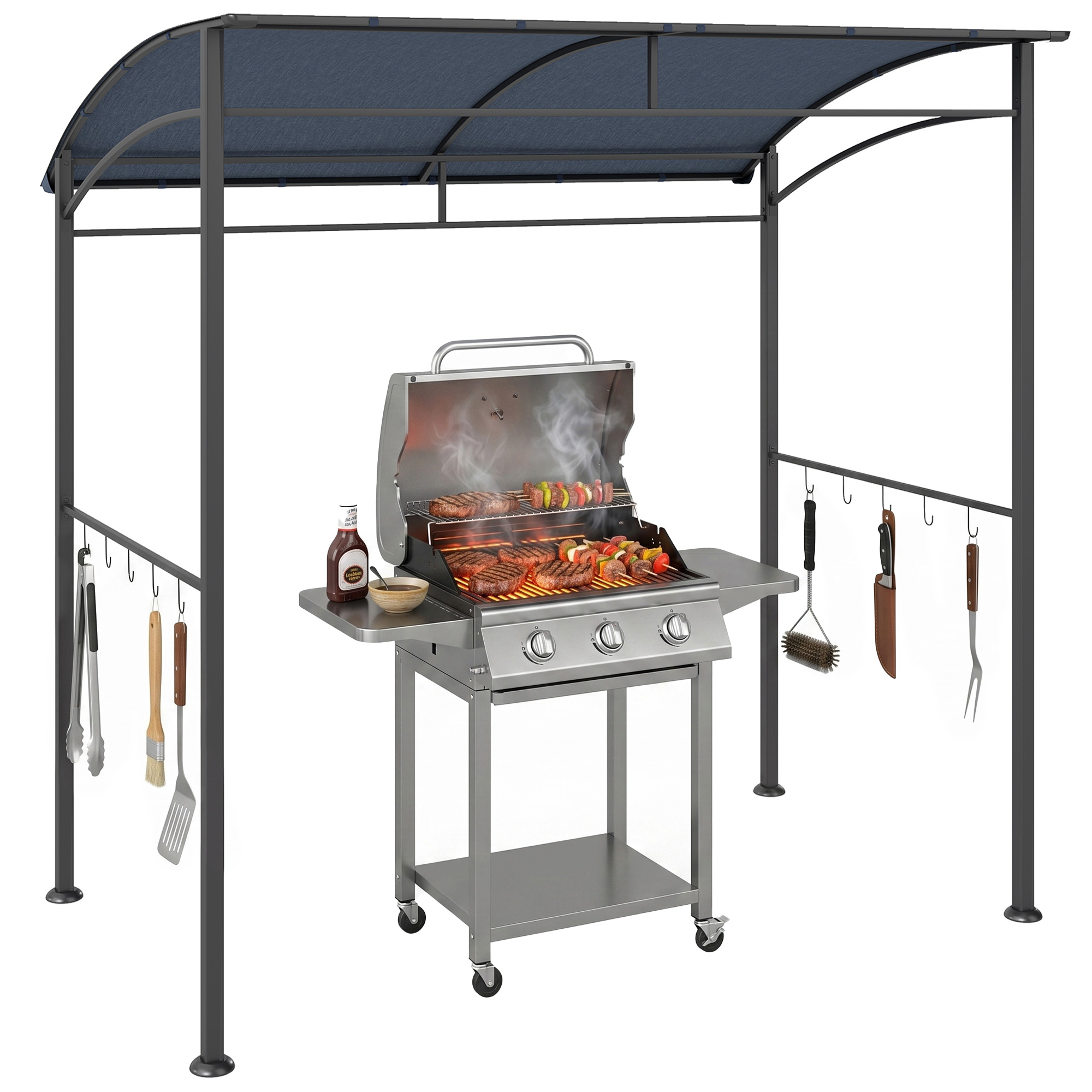Outsunny Grillpavillon 215 X 150 X 220 Cm Wasserabweisend Gartenpavillon Mit Gebogendach, Gartenlauben Mit Haken, Bbq Pavillon, Gartenzelt Grillzelt Partyzelt Für Garten Party Picknick Bbq, Grau