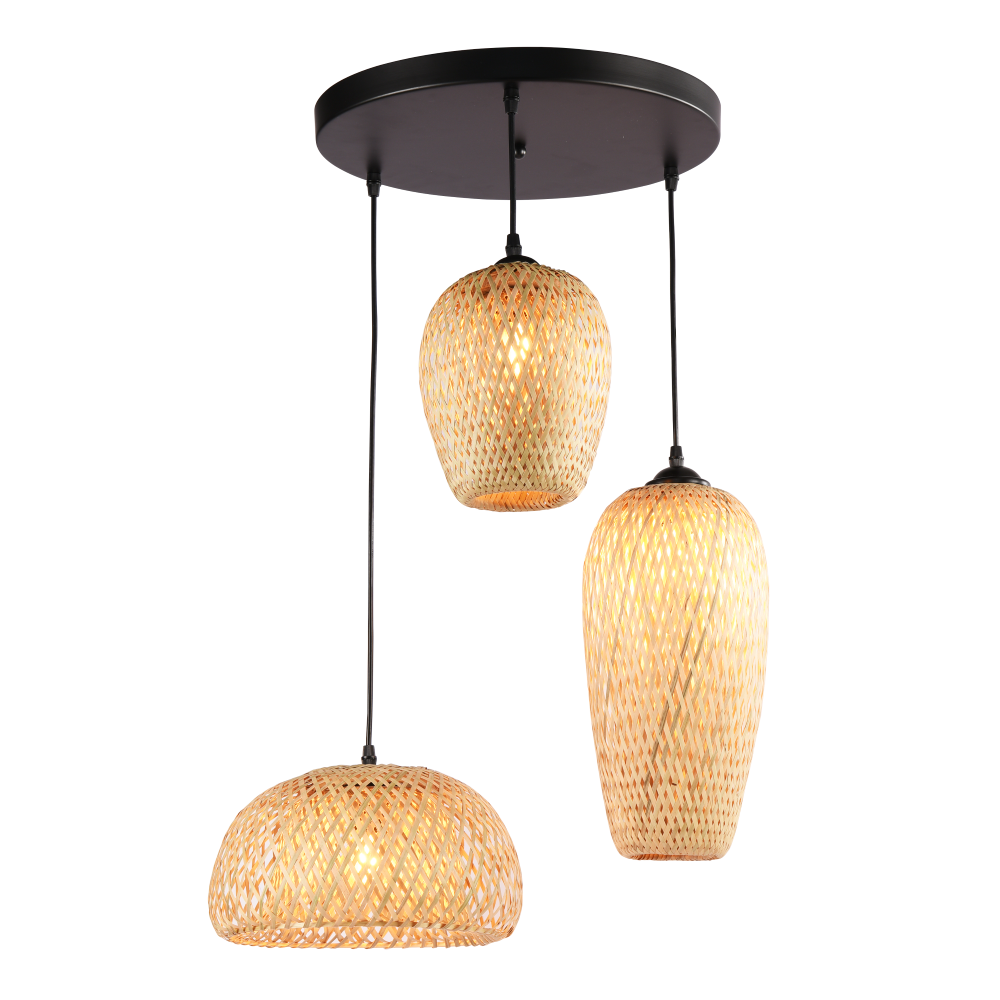 Barcelona Led – Suspension Triple En Osier – 3 Abat-jours E27