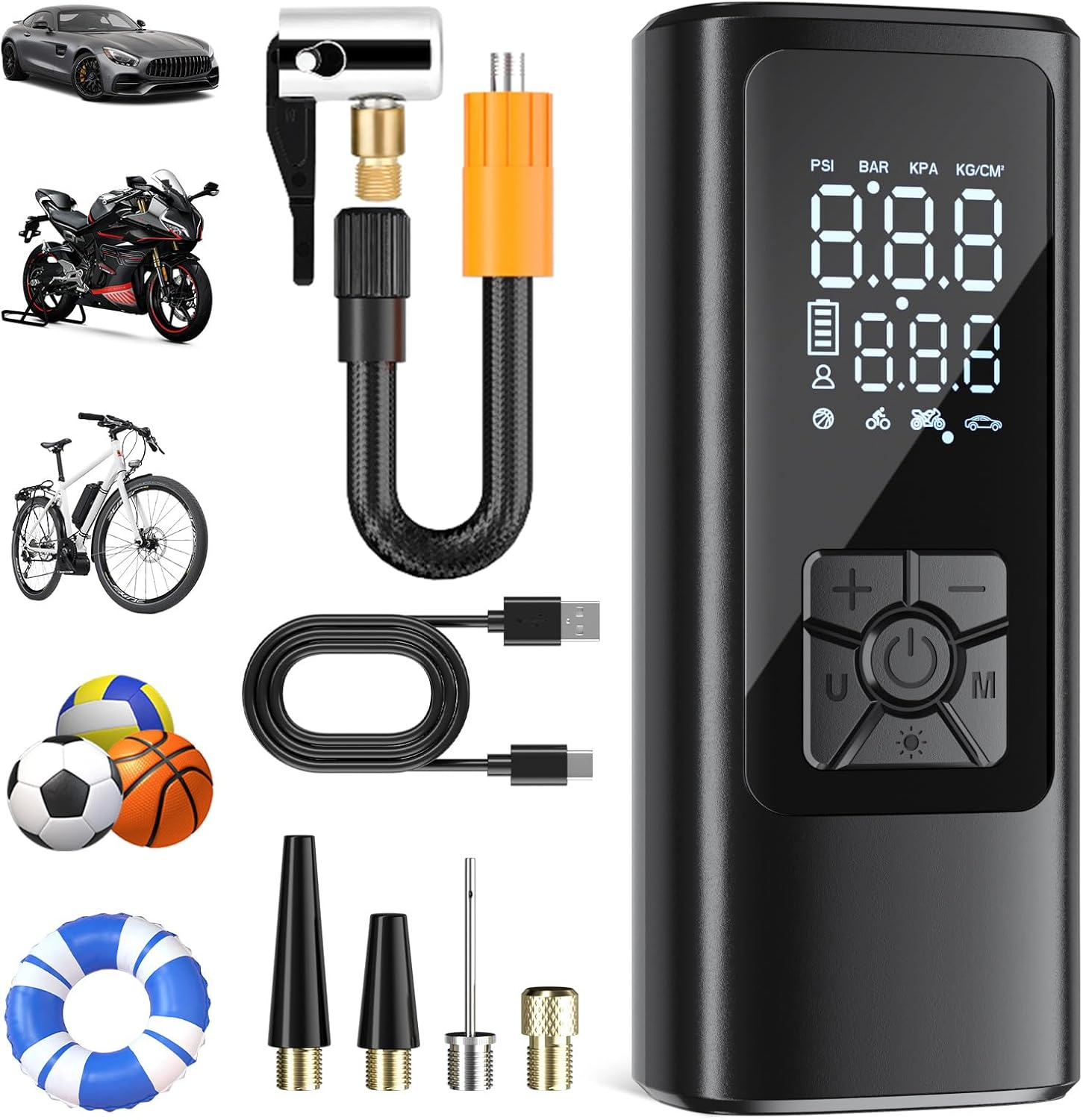Gonfiatore Per Pneumatici Auto, Compressore D'Aria Portatile Senza Fili, 150 Psi (10,3 Bar), Gonfiatore Elettrico, Pompa Per Bicicletta, Gonfiaggio Rapido, Spegnimento Automatico, Led, Per Auto, Moto, RAPANDA