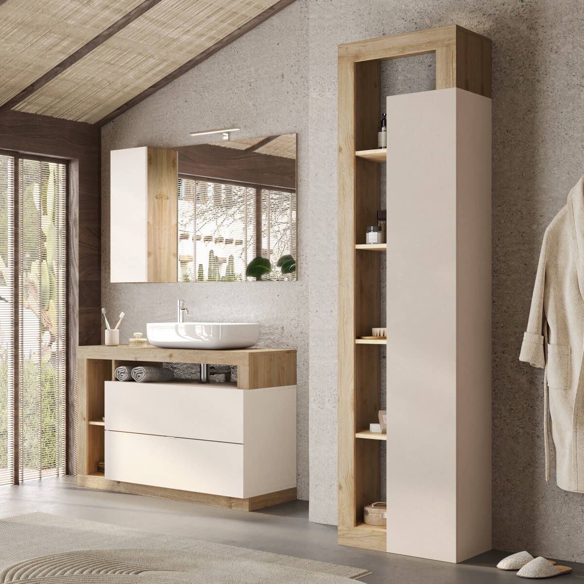 Altobuy – Ensemble Meuble Vasque 110cm – Colonne Beige Aspect Bois