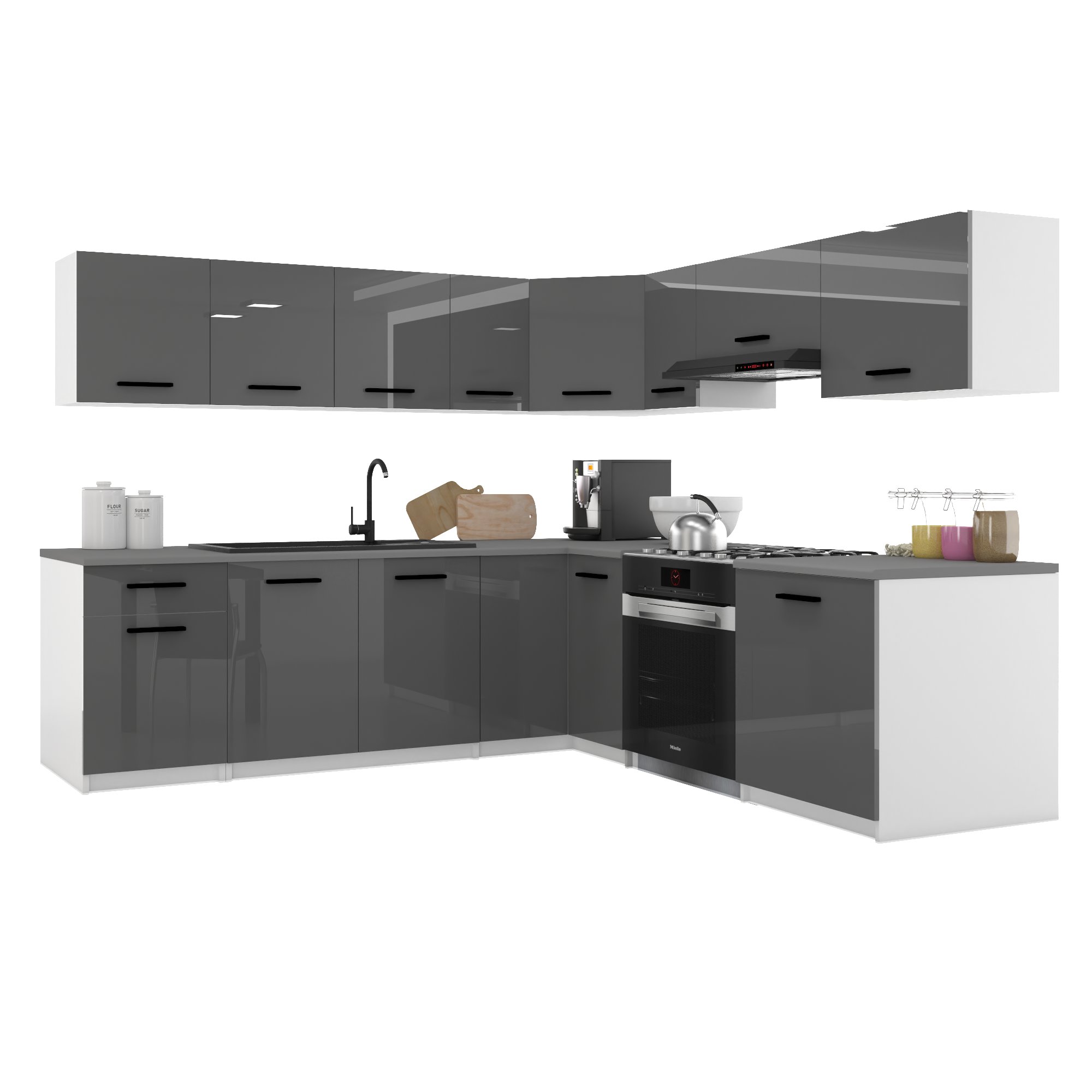 Belini Italia 7 Cuisine Equipée Modulaire Complète - 420 Cm. Meubles Hauts Bas Avec Plan De Travail, Gris Très Brillant